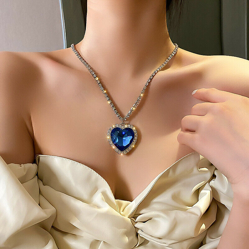 Huge Platinum White Gold Titanic Heart of the Ocean Blue Rhinestone Necklace