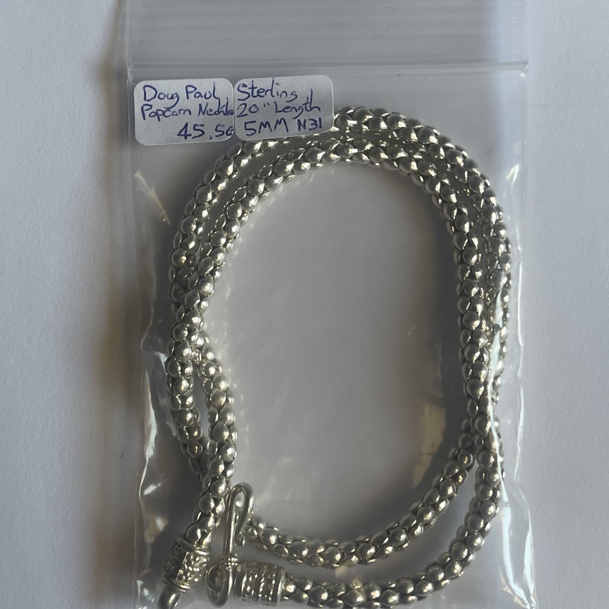 Vintage Doug Paulus DP Sterling Silver .925 Popcorn Necklace 20” Length 5MM 45G