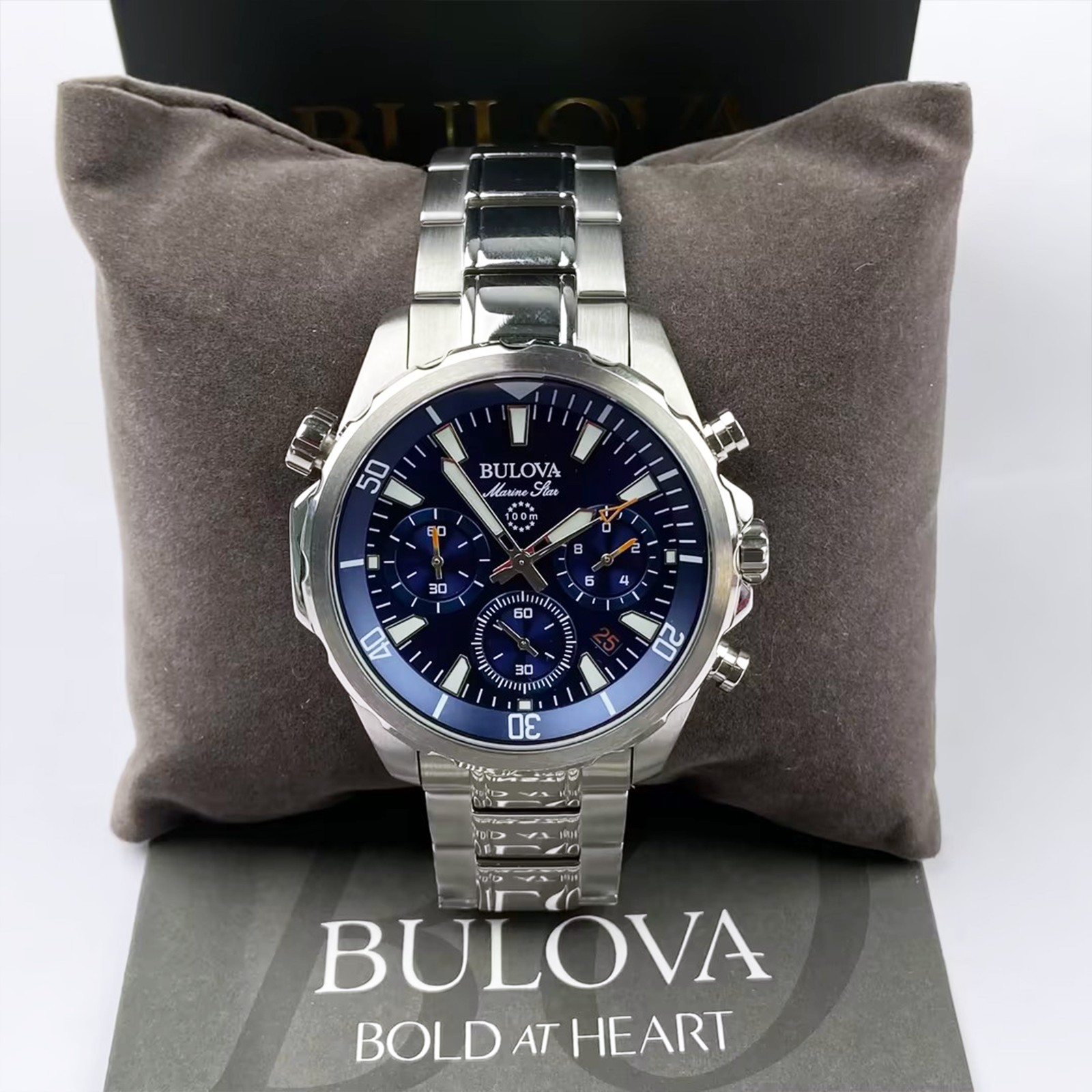 Bulova Marine Star Men Blue Dial Silver Steel Chronograph 96B256 Watch 43mm