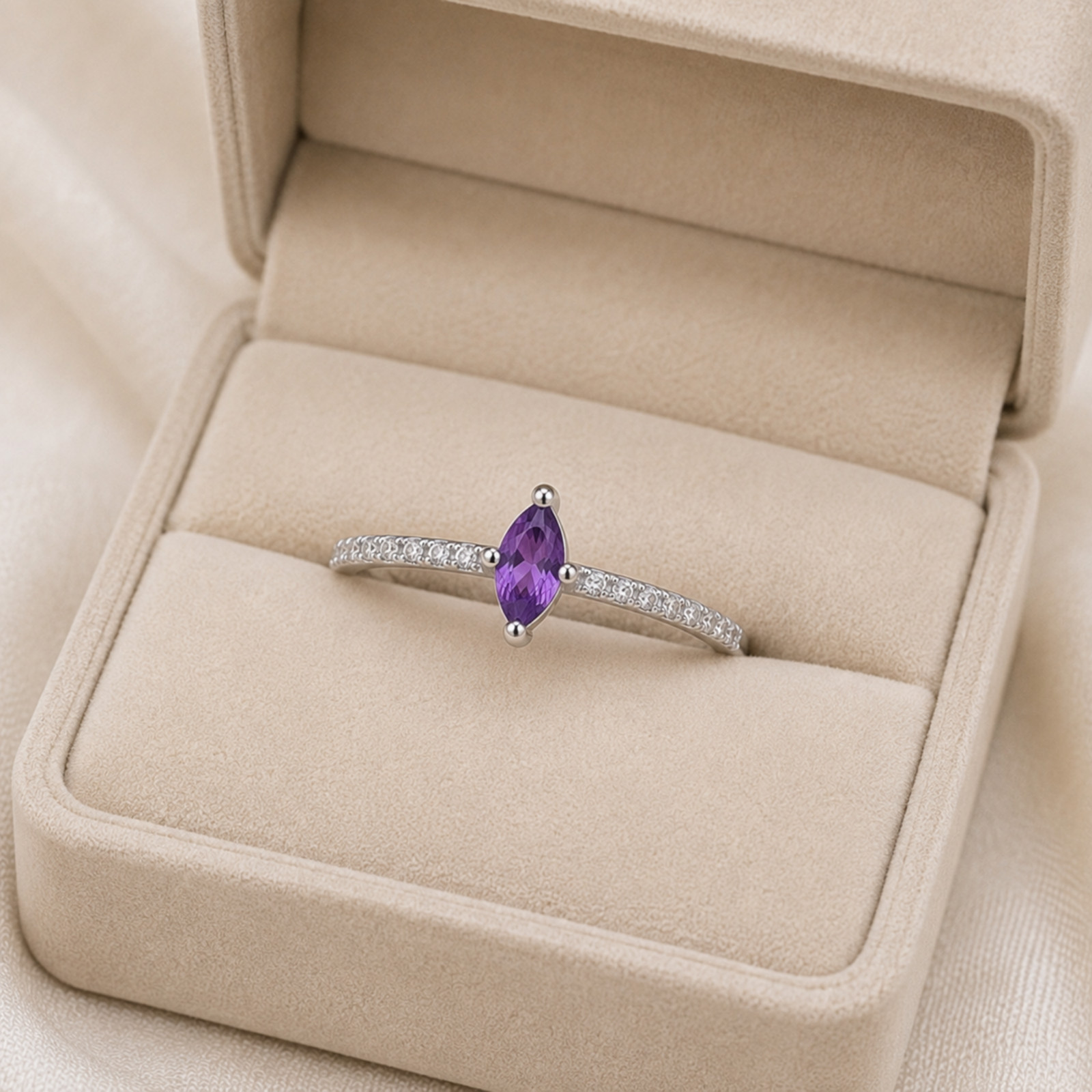 925 Sterling Silver Marquise Purple Amethyst Ring White Zircon Dainty Gift Ring