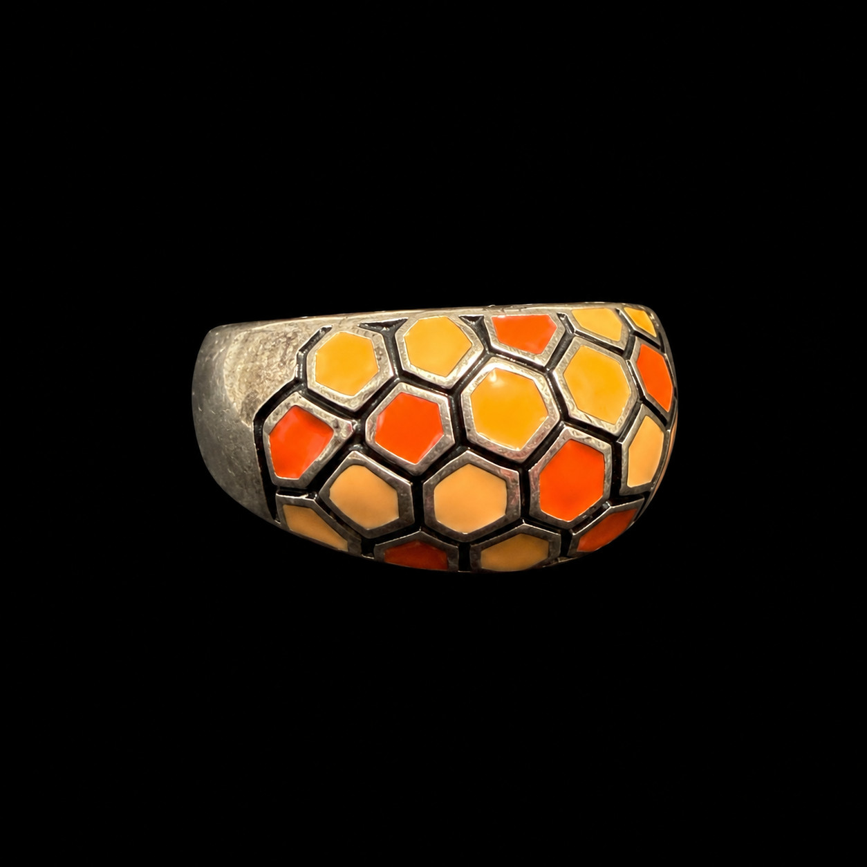 Vintage Thailand 925 Sterling Silver Orange Enamel Honeycomb Dome Ring – Size 8