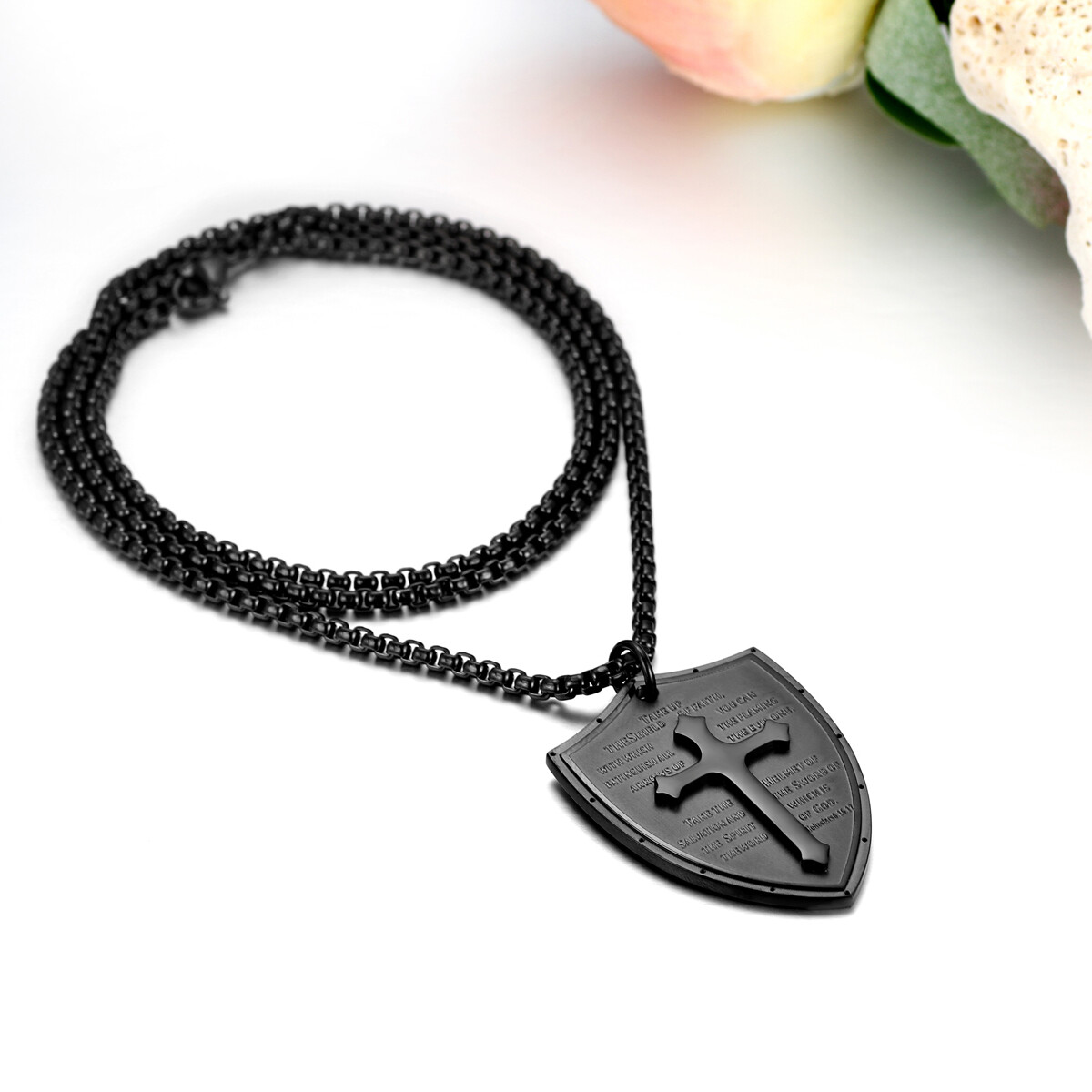 Men Stainless Steel Shield Armor of God Ephesians 6:16-17 Cross Pendant Necklace