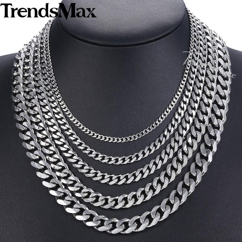 16-36″ Stainless Steel Silver Chain Cuban Curb Womens Mens Necklace 3/5/7/9/11mm