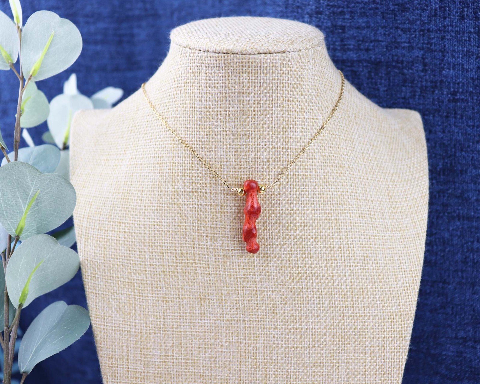 Red Coral Pendant Necklace, Natural Single Red Coral Gold Chain Necklace