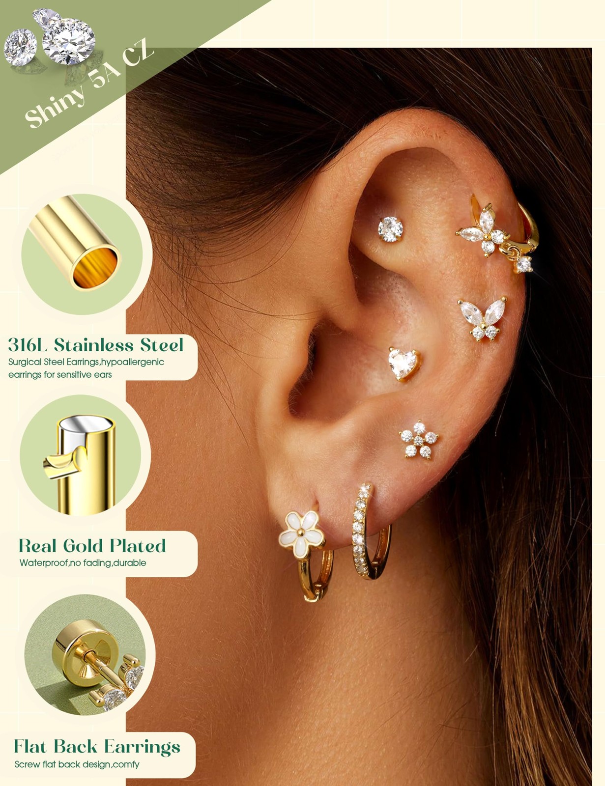 20G (0.8mm diameter, 6mm post length), 14K Gold Plated + Butterfly Hoops