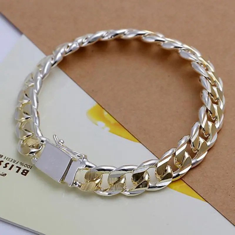 925 Sterling Silver Color Bracelet for Men Jewelry Heavy Thick Cuban Link Chain*