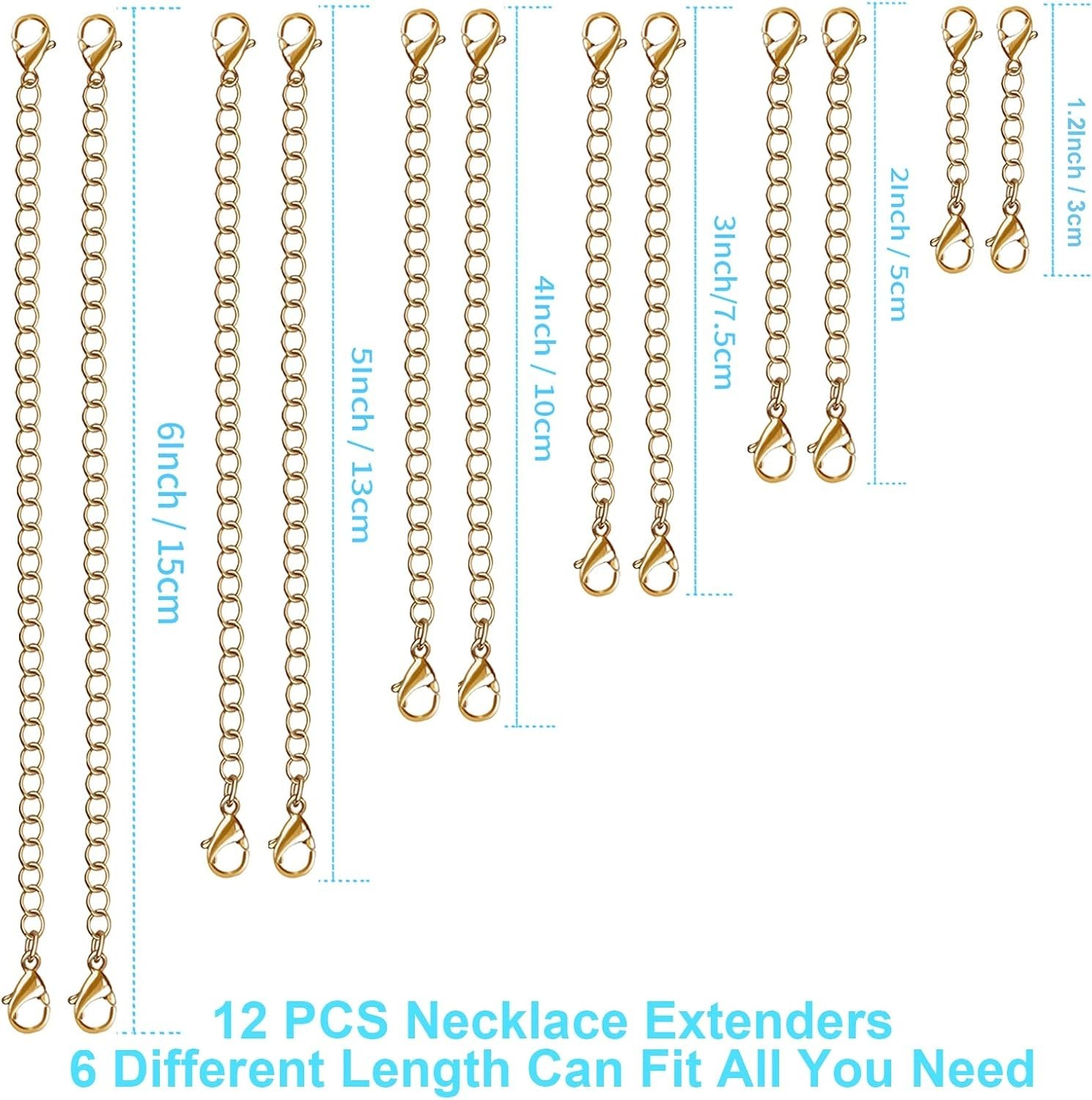 12 Pcs Extender /Safety Chain Extender Necklace Bracelet Lobster lock 1″ To 6″