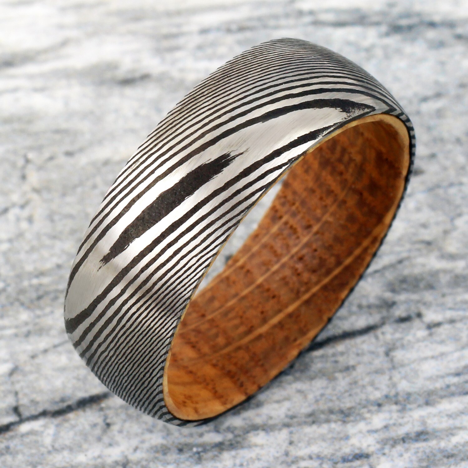 8mm Men’s Black Damascus Steel with Whiskey Barrel Wood Sleeve Wedding Band Ring