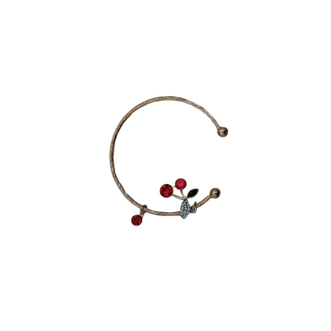 Gold Tone Cherry Charm Open Cuff Bracelet Red Beads Fashion Jewelry