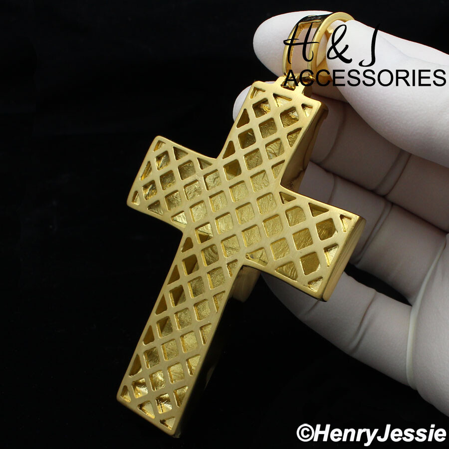 18″-40″Stainless Steel 9mm Gold Plated Cuban Chain BIG ICY CZ Cross Pendant*IP20