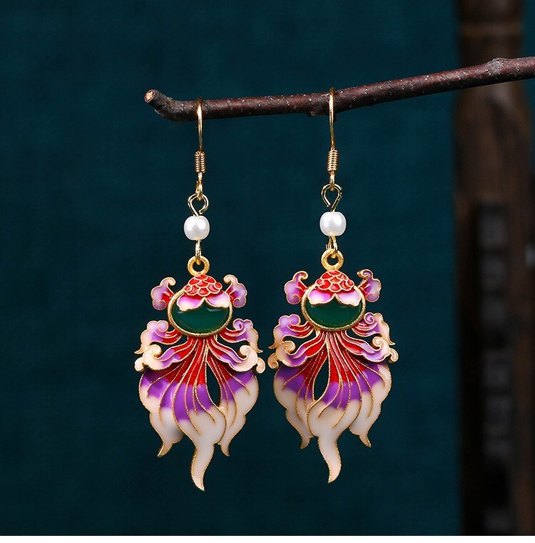 Jade Enamel Pearl Dangle Earrings Boho Goldfish Dainty Gemstone 18K Gold Plated