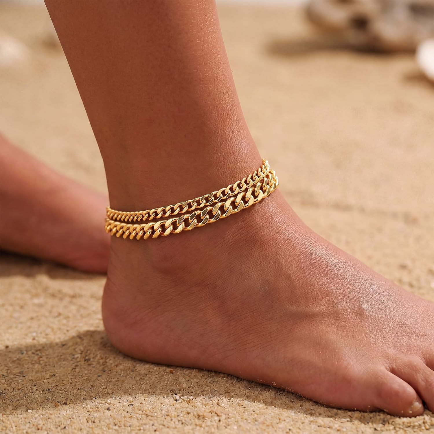 Layered Ankle Bracelets for Women Waterproof, 14K Gold/Silver Plated Cuban Chain