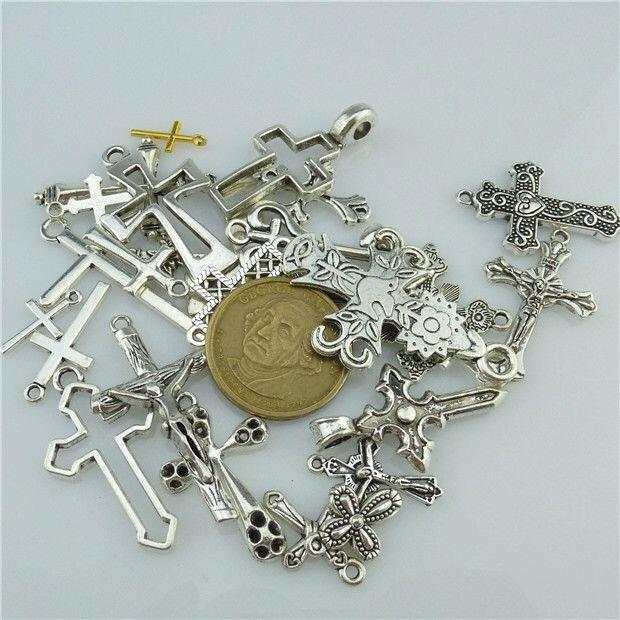 25* MIX Cross Pendant Vintage Antique Silver Tone Alloy Faith Religious Charm E