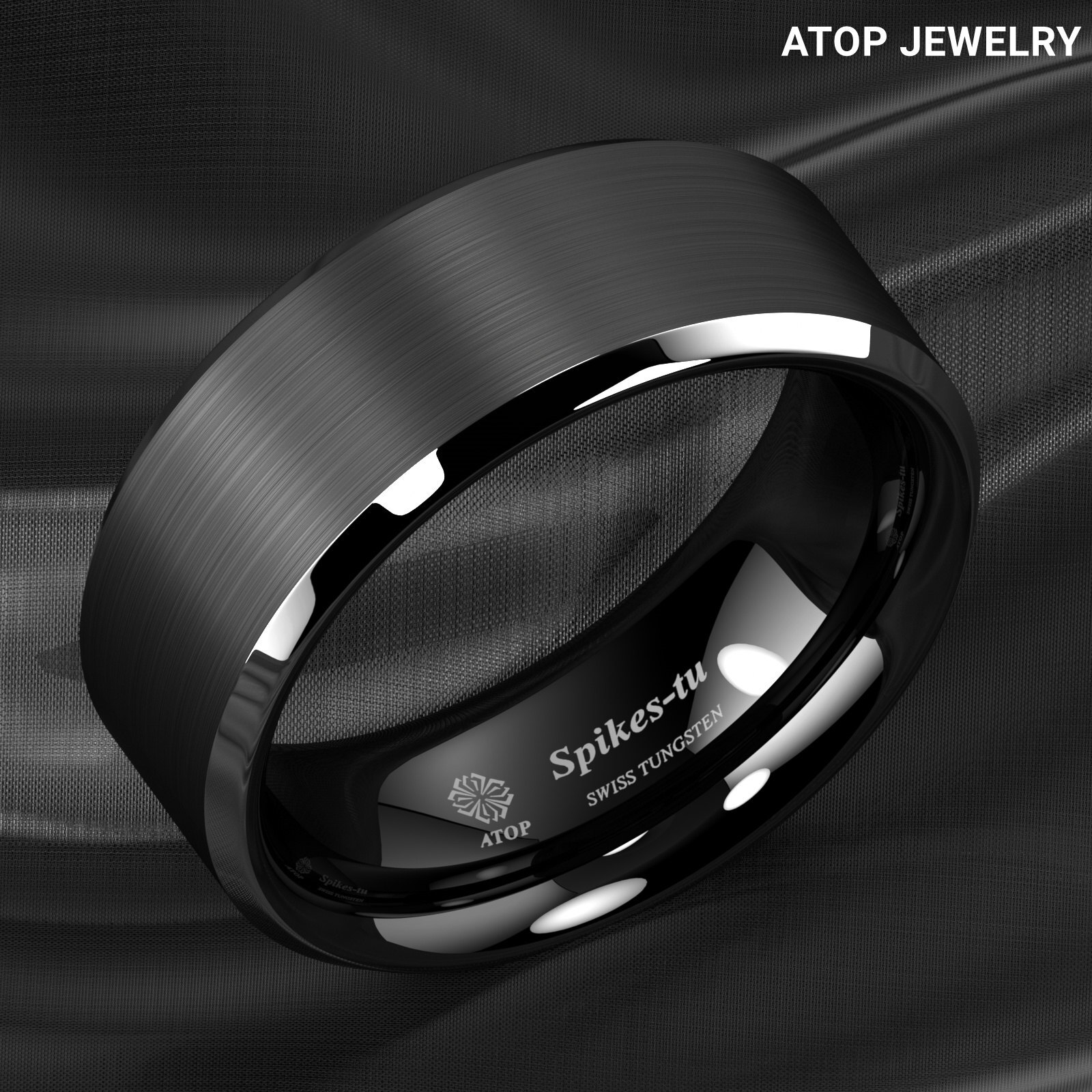 8/6mm Silver Edge Black Frosted Tungsten Ring Men Wedding Band ATOP Jewelry