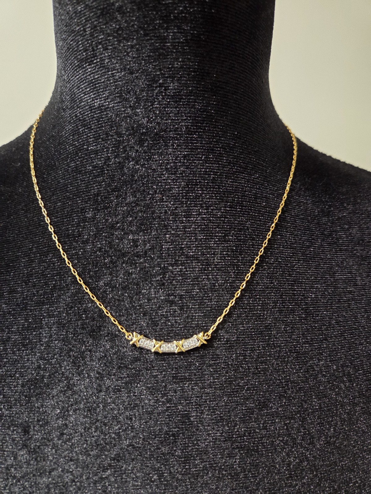 Gold Tone CZ Bar Necklace with X Accents Dainty Minimalist