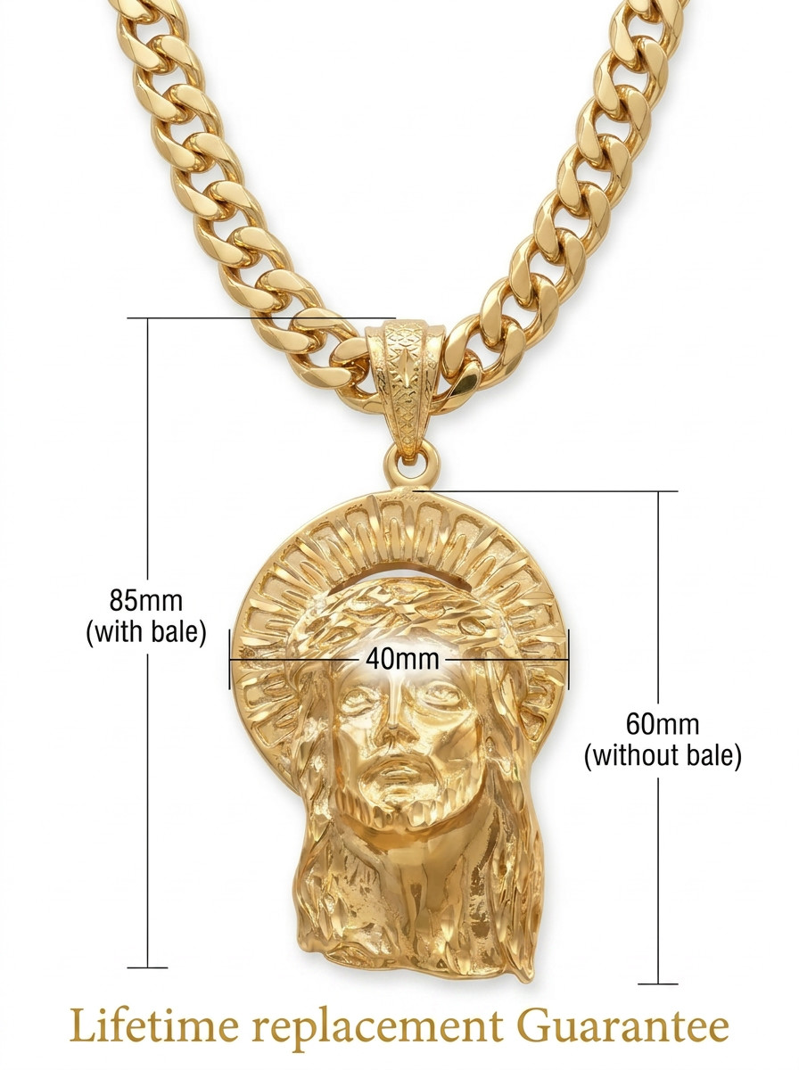 Jumbo Jesus Necklace, 14k Heavy Gold Plated, 10mm Cuban Style Chain