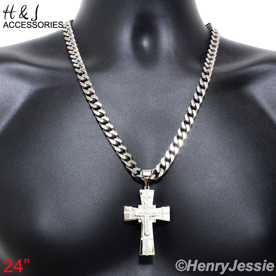 24″MEN Stainless Steel 9mm Silver Cuban Curb Chain Necklace CZ Cross Pendant*P7