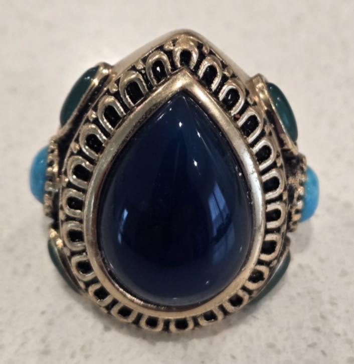 VTG Barse Thailand Bronze Ring Large Cocktail Statement Ring Cabochon Stone Blue