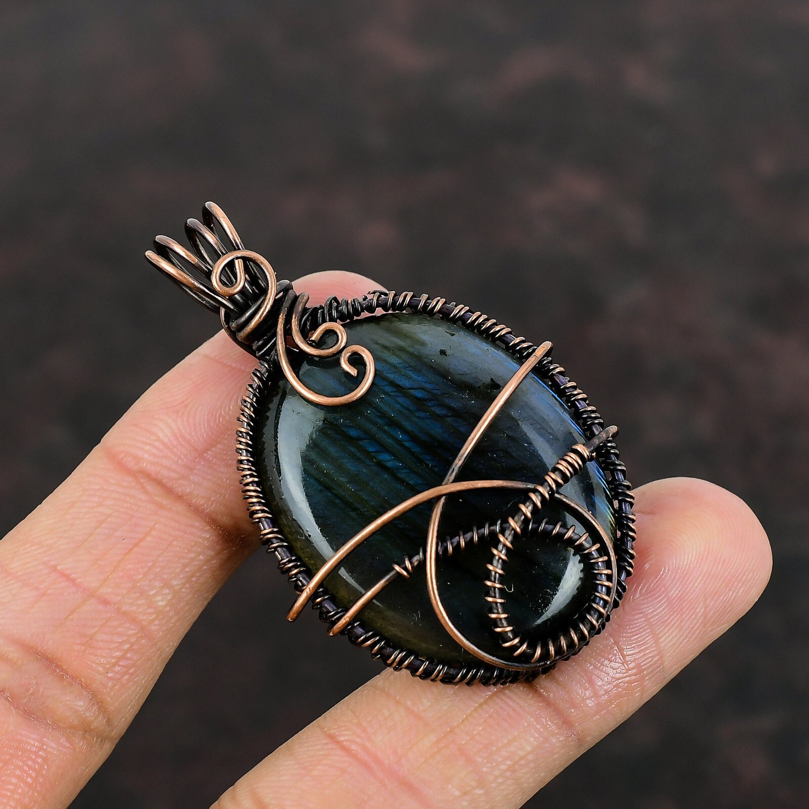 Labradorite Wire Wrapped Pendant Handcrafted Copper Designer Jewelry 2.28″