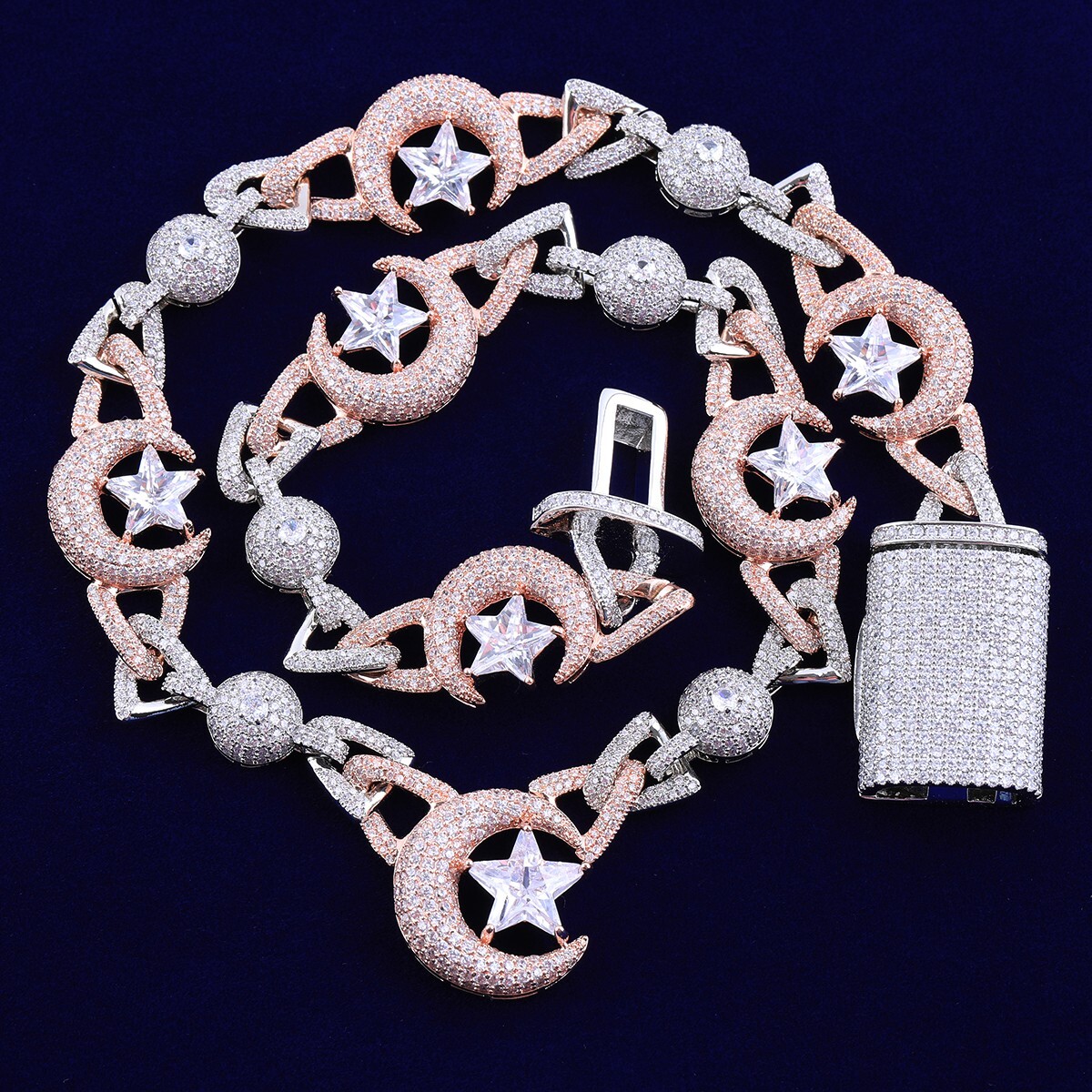 5AAA+ CZ Bling Ice Out Hop Hip Moon Star Cuban Link Chain 14k Real Gold Plated