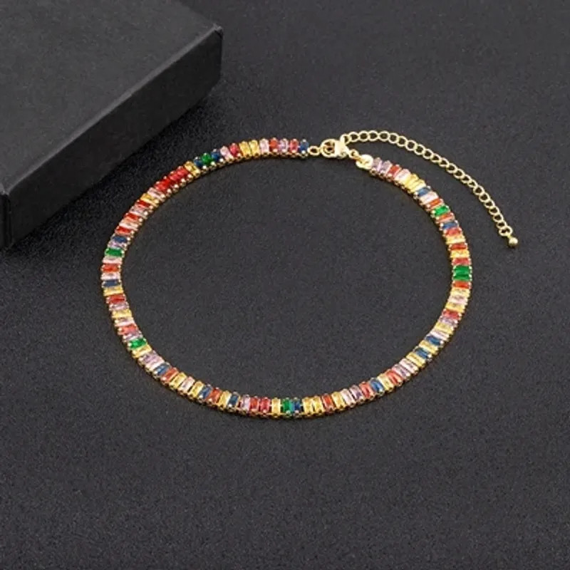 Classic Colorful Tennis Necklace Men and Women Rectangular Full Zircon.