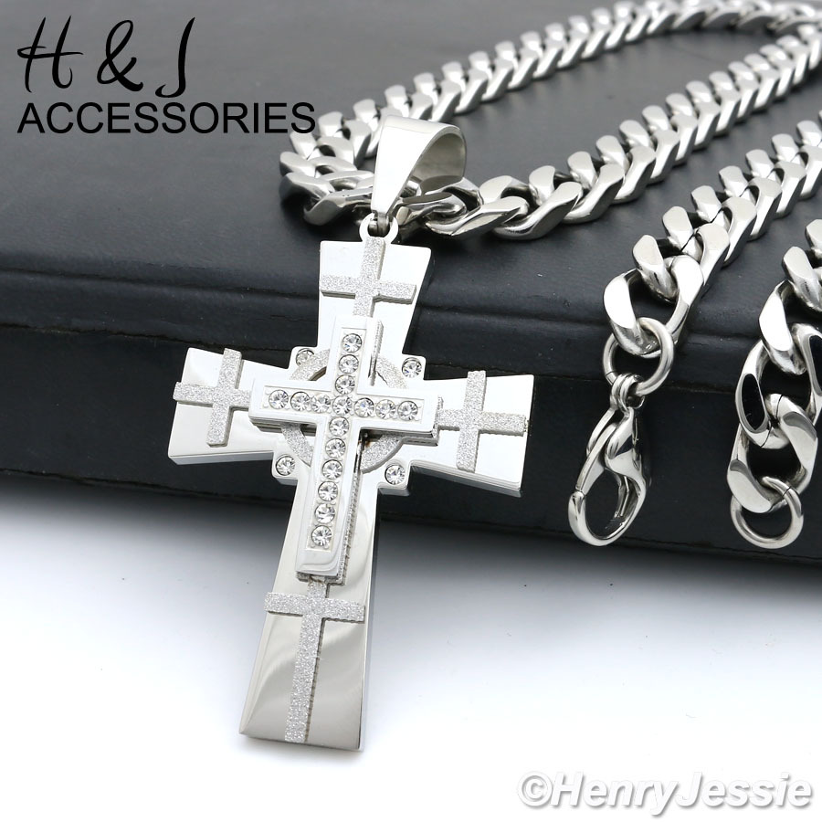 24″MEN Stainless Steel 9mm Silver Cuban Curb Chain Necklace CZ Cross Pendant*P7