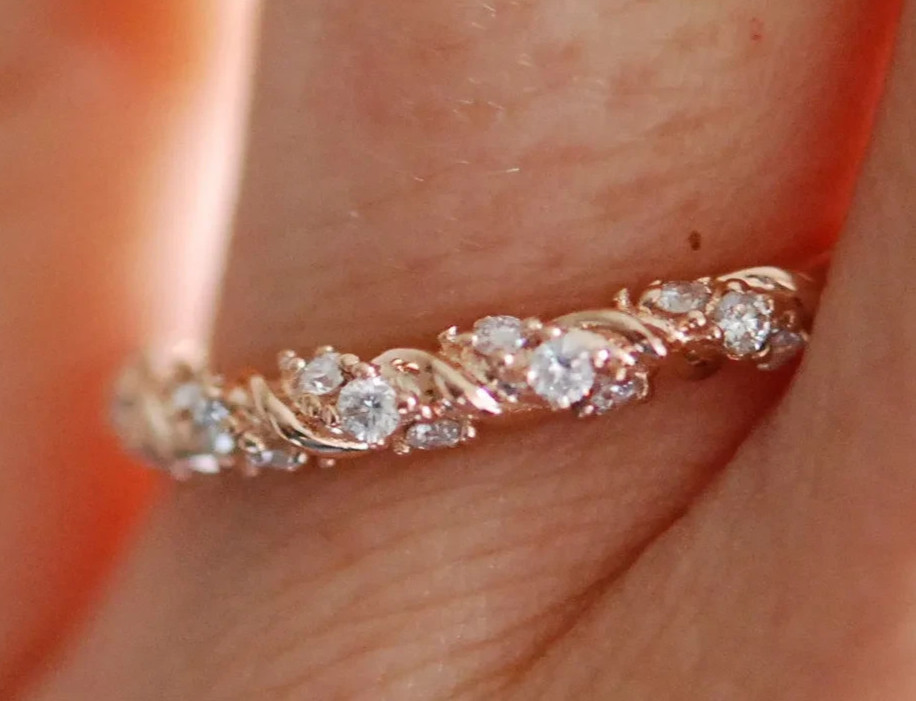 0.15 CT Round Cut Moissanite Twisted Wedding Band 14K Rose Gold Plated For Women