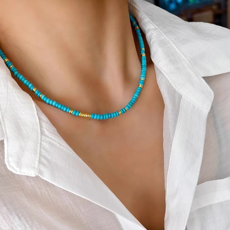 Natural Blue Turquoise Beaded Healing Crystal Necklace Choker for Women Gifts