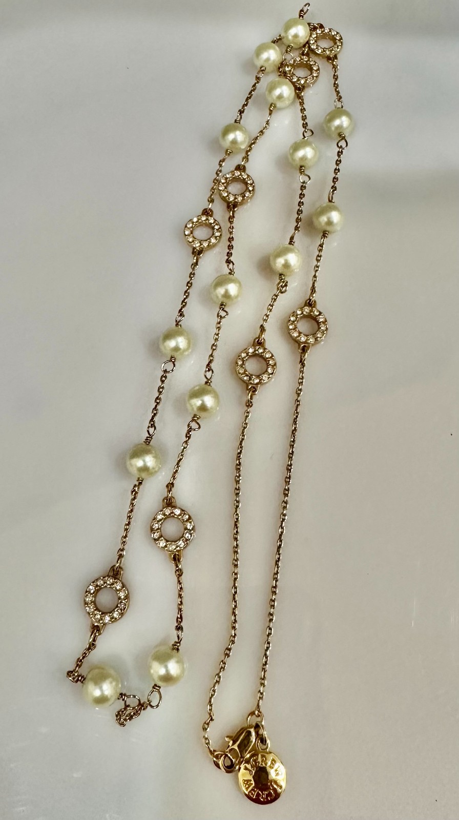 J.Crew signed chain Eternity link faux pearl Necklace rhinestone gold tone 32″L