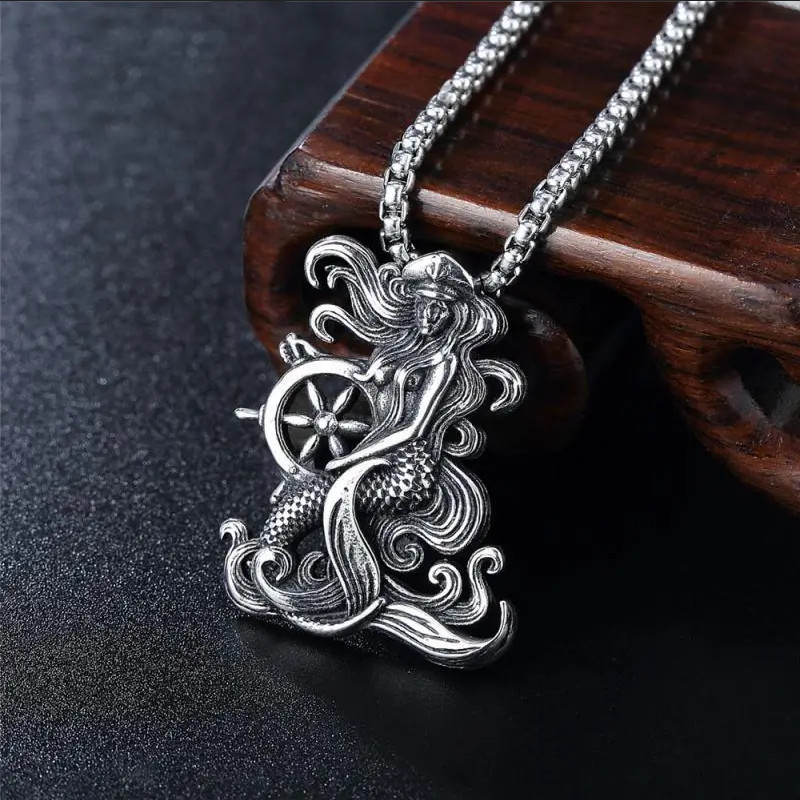 Pirate Mermaid Jewelry Vintage Silver Sexy Goddess Standing Pendant Necklace