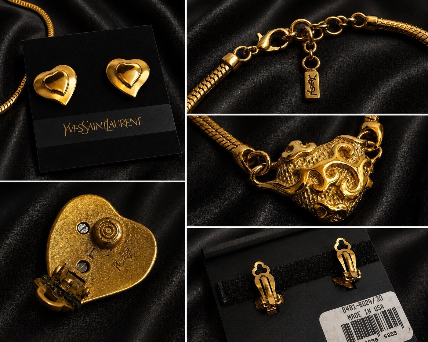 Vtg Yves Saint Laurent YSL Gold Baroque Heart Necklace And Earring Set NWT