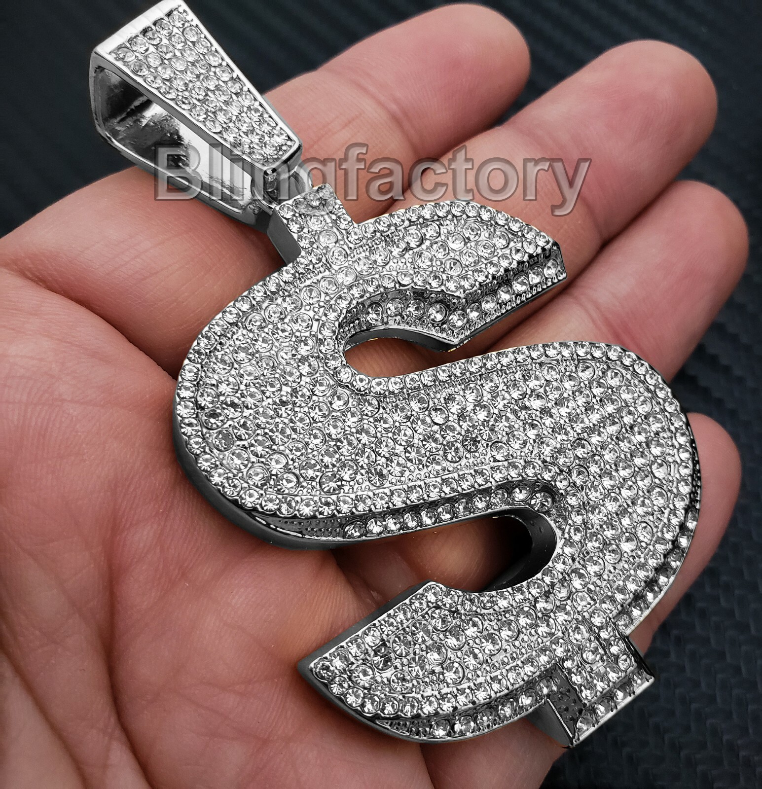 HIP HOP ICED CUBIC ZIRCONIA SILVER PLATED ALLOY LARGE $ DOLLAR SYMBOL PENDANT