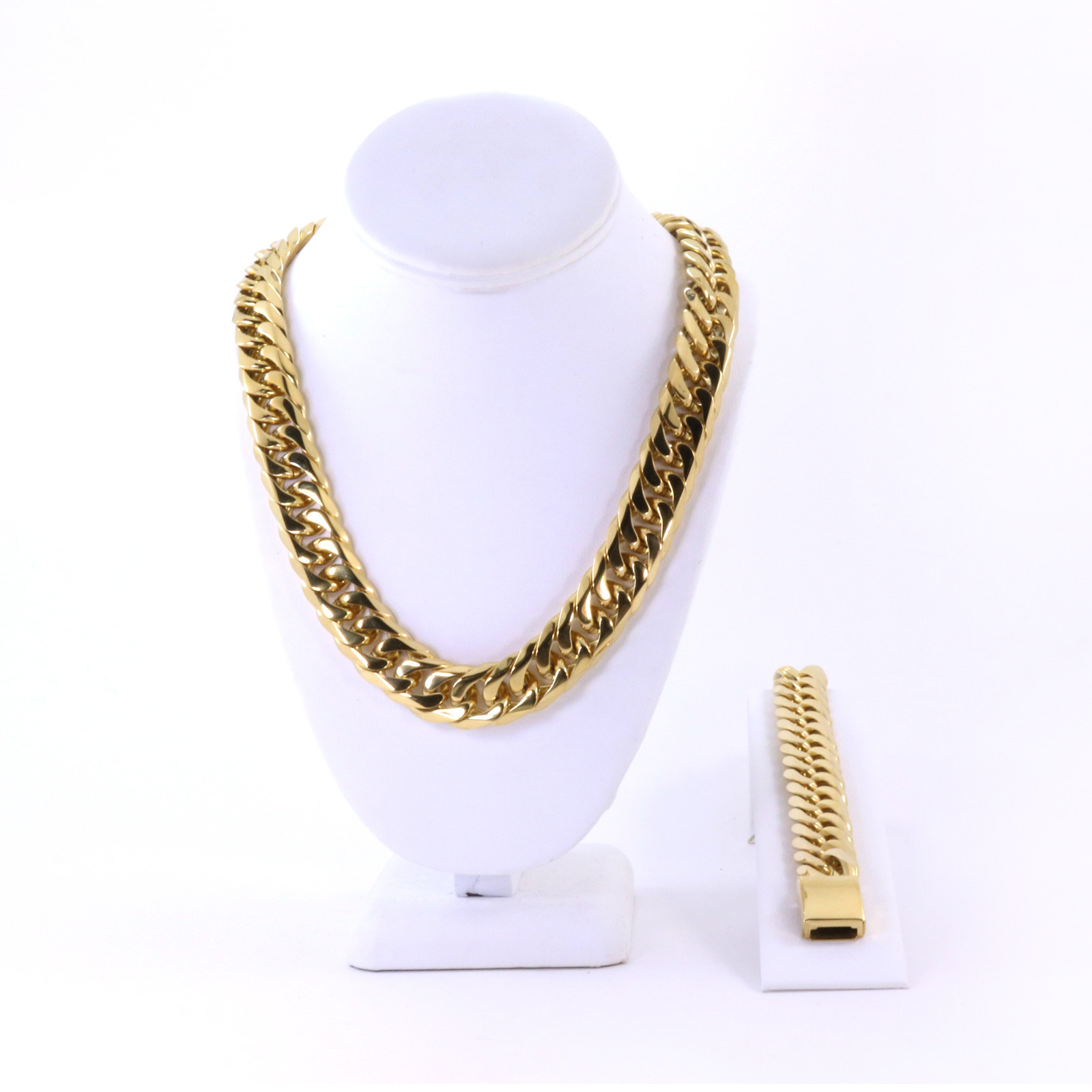 ANTI-TARNISH SOLID 14K GOLD FINISH MIAMI CUBAN LINK CHAIN & BRACELET 18MM 36”