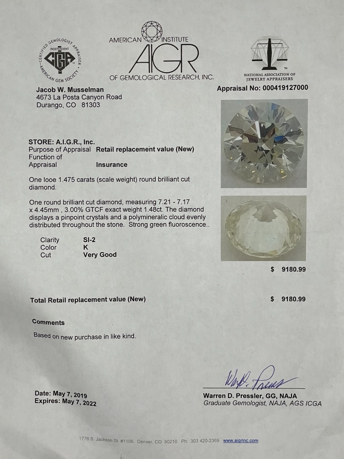 Certified 1.475 Carat Natural Diamond Clarity SI-2 Color K Cut Very Good Round