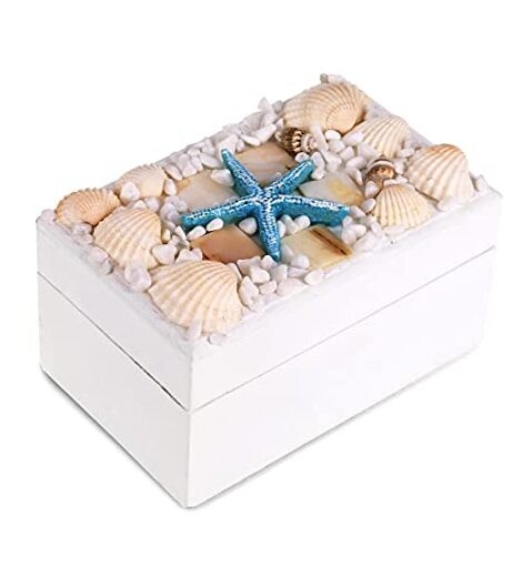 Oceanic White Wooden Jewelry Box – Handcrafted Nautical Trinket with Seashell