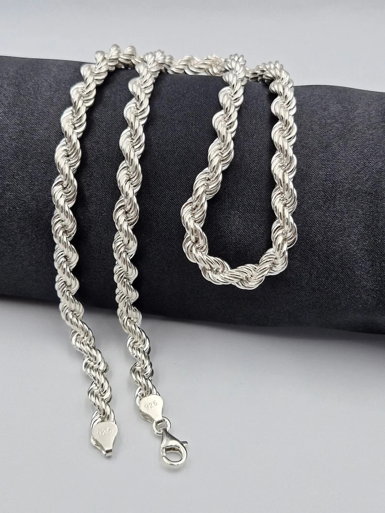 925 Sterling Silver Rope Chain Necklace Bracelet 3-10mm Diamond Cut Rhodium