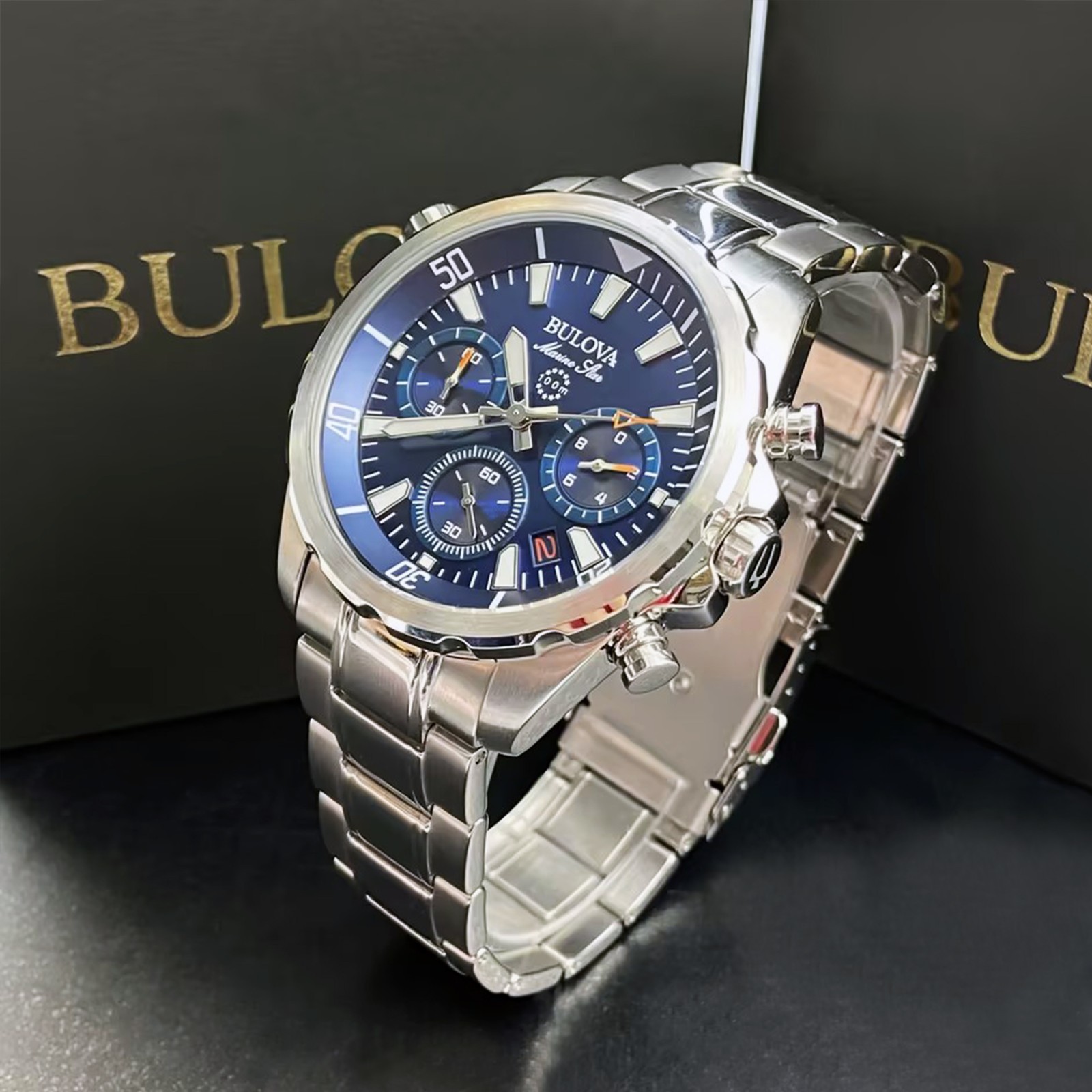 Bulova Men’s Marine Star 96B256 Blue Dial Quartz Chronograph Watch 43MM