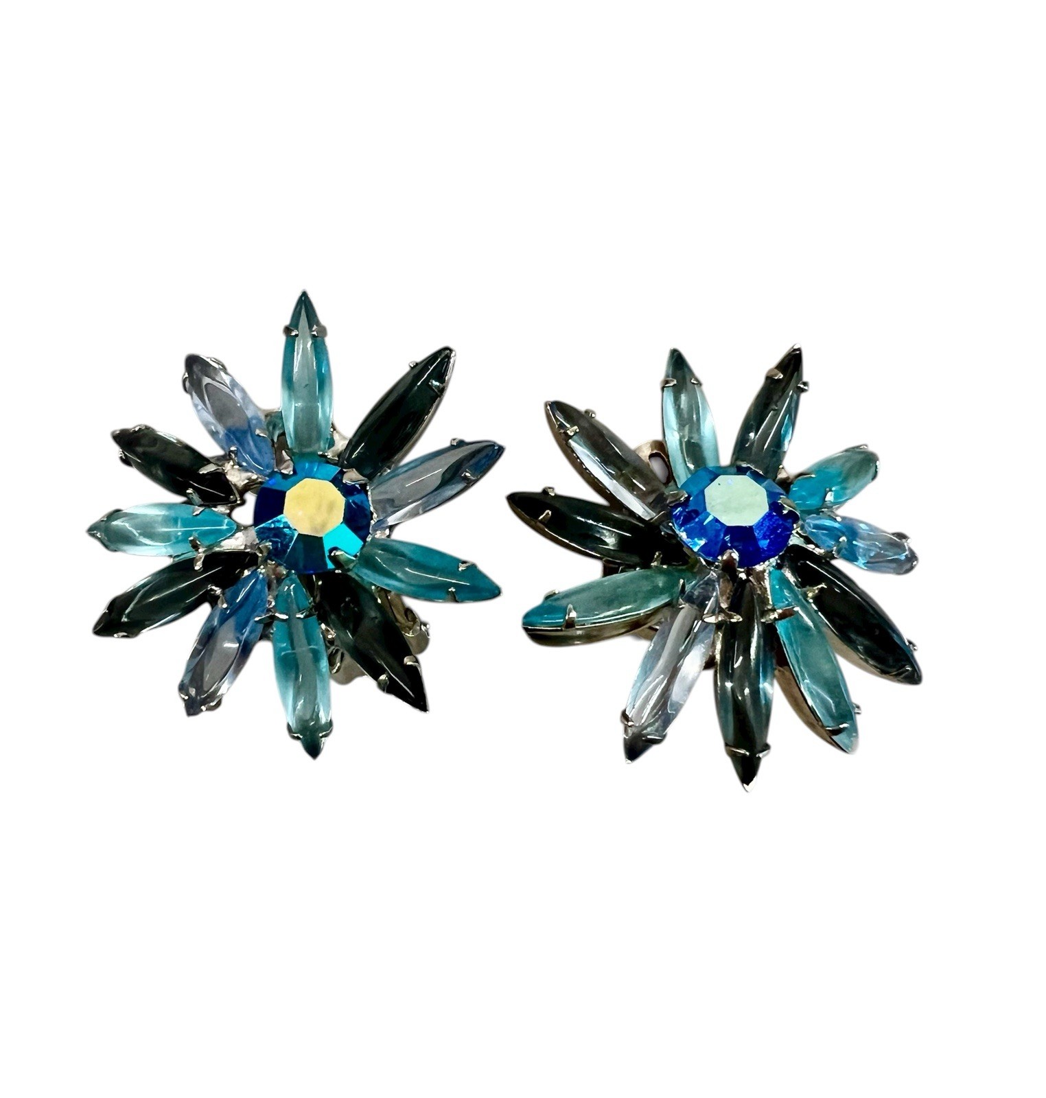 Vintage SCHREINER Unsigned Flower Blue Navettes Rhinestone Brooch & Earrings