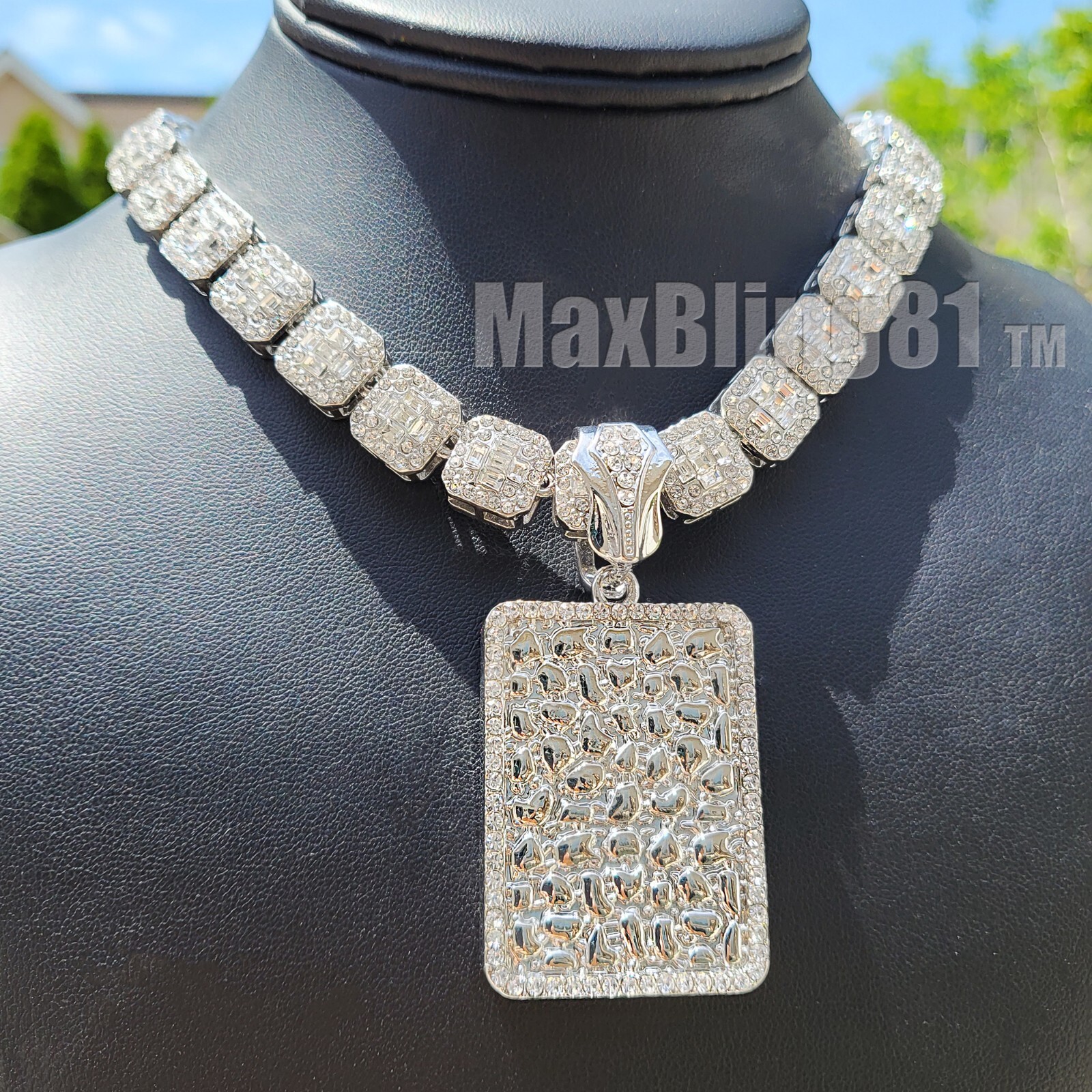 Hip Hop Silver Plated Alloy Nugget Dog Tag Pendant Cubic Zirconia Chain Necklace