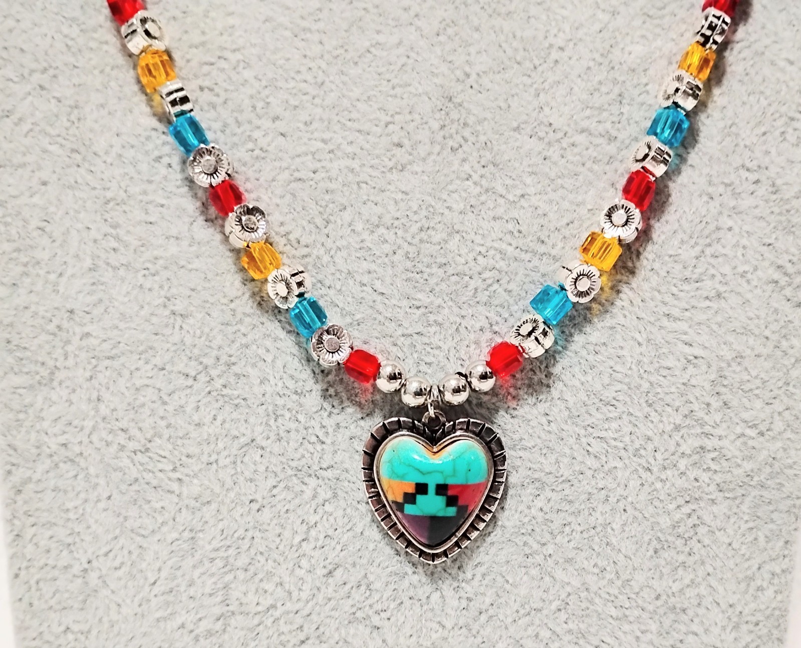 Handcrafted Jewelry 28″ Dainty Citrine Turquoise Red Square Glass Heart Necklace