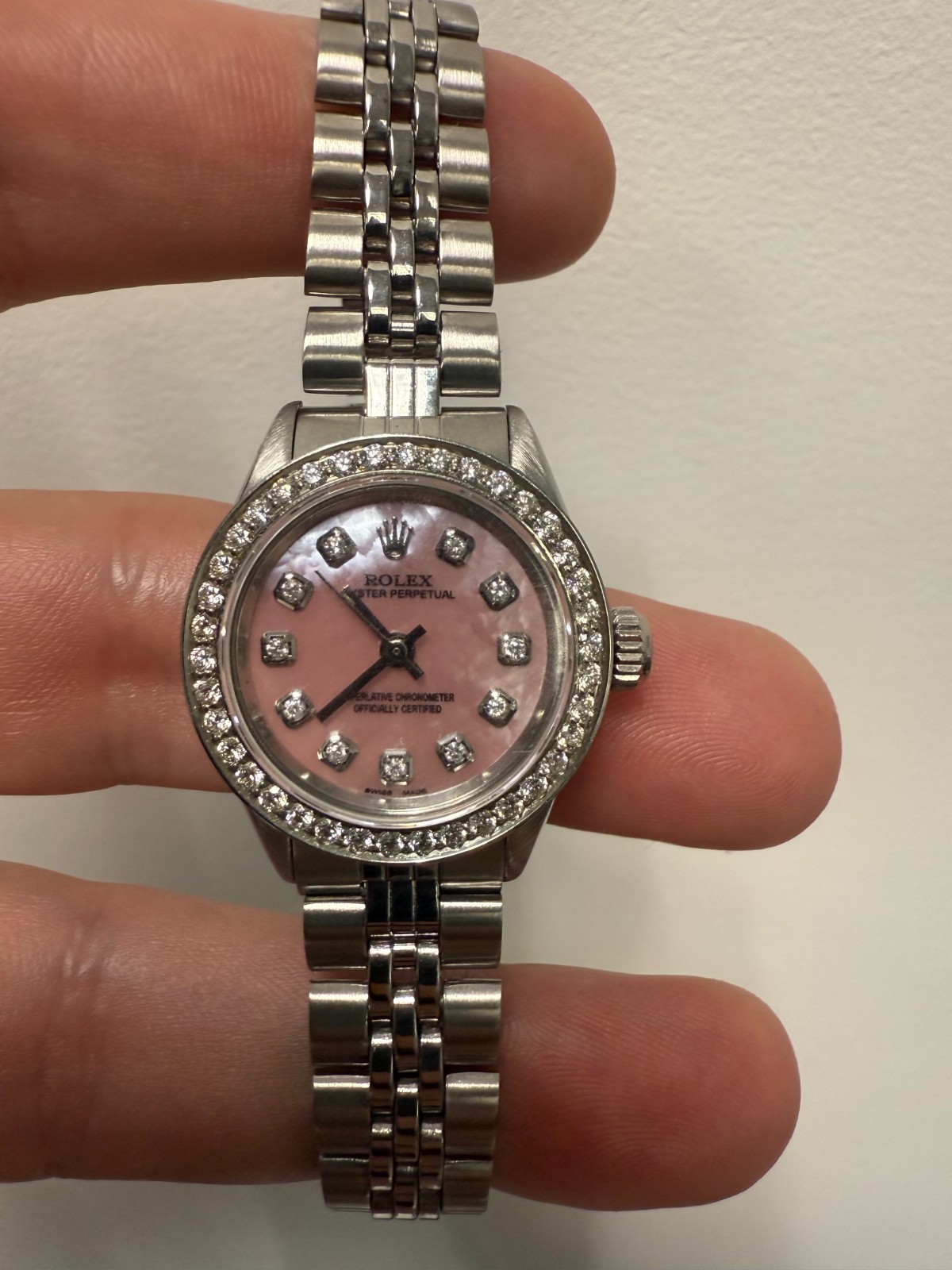 Rolex Ladies Oyster Perpetual Pink MOP Diamond Dial Diamond Bezel Jubilee Band