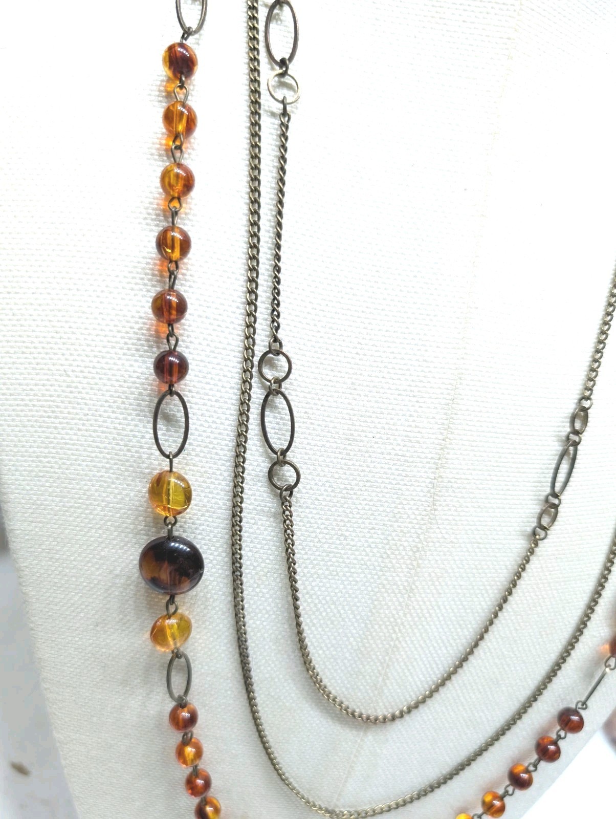 Long Amber Colored Beads Necklace- w/2 Plain chains
