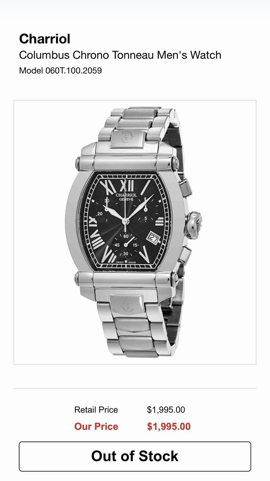 Charriol Colvmbvs Men’s Tonneau Chronograph Date Black Dial Steel Quartz Box