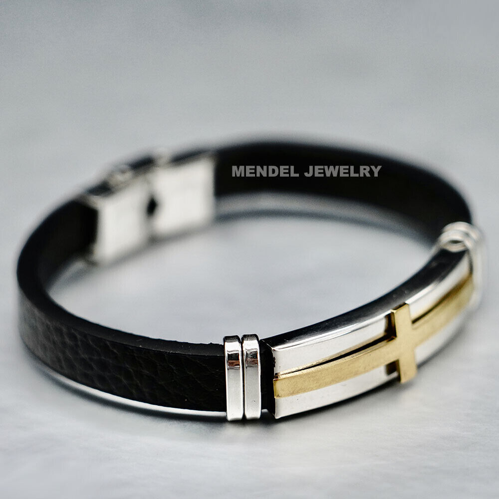MENDEL Mens 7 Inch Christian Cross Leather Bracelet Stainless Stainless For Men