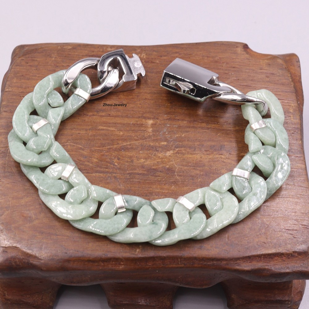 Real Grade A Natural Green Jade Jadeite Bracelet Cuban Curb Link Chain 5.9-9.4in