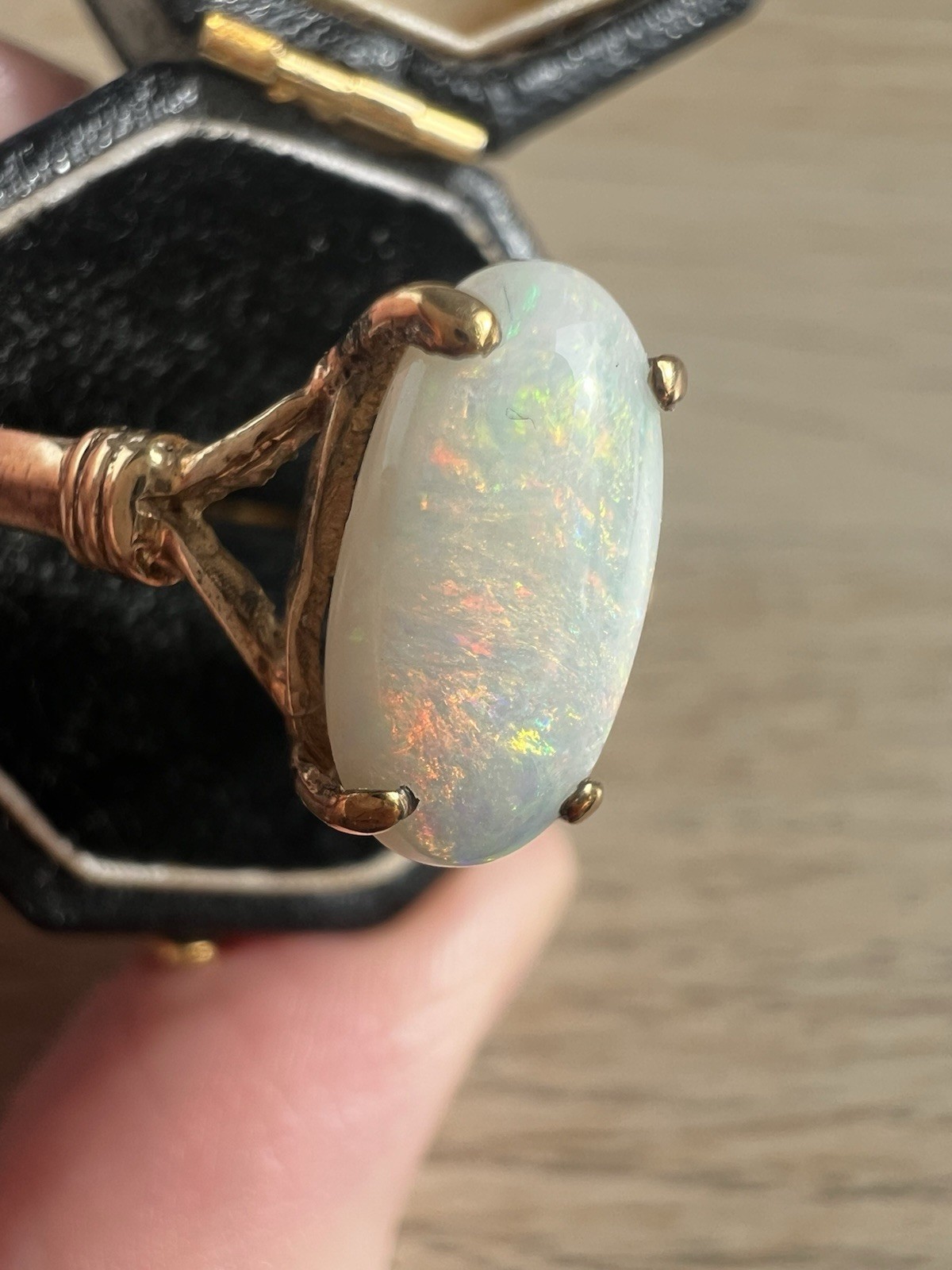 Vintage 9 Carat Solid Opal Ring with Beautiful Fire, Size Q 1/2