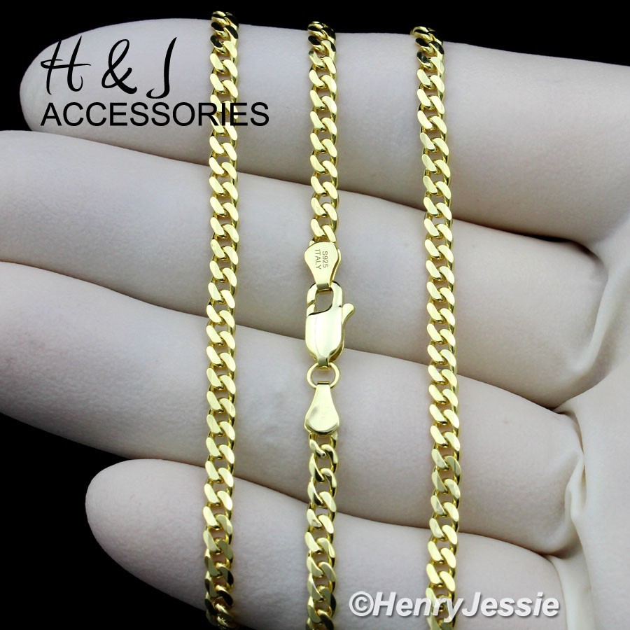 18″-24″MEN 925 STERLING SILVER 3MM GOLD PLATED MIAMI CUBAN CURB LINK NECKLACE*25
