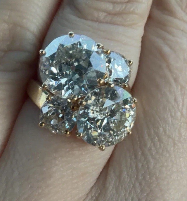 Over 9 Carat Two Old European Cut Diamond 2 Old Mine cut Diamond 18k Ring French