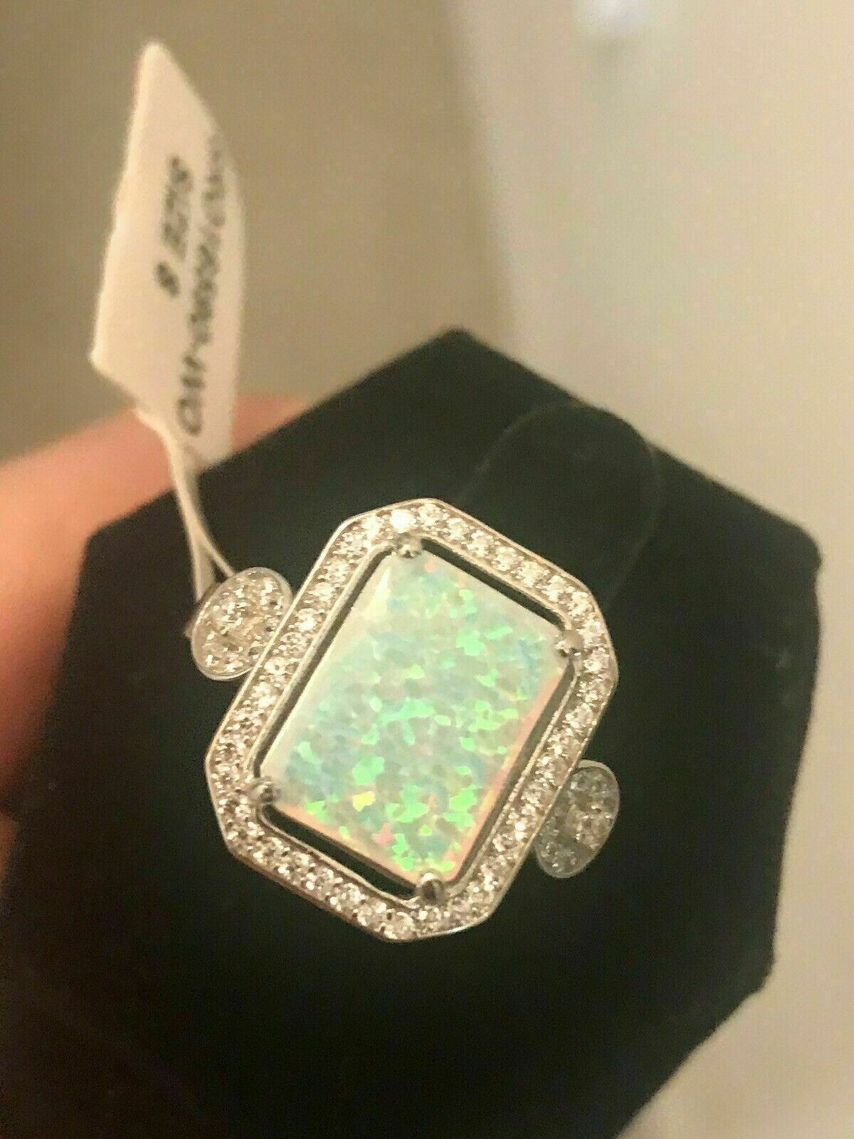 2Ct Emerald Cut Simulated Pretty Opal Halo Ring 14k Yellow Gold Plated Silver