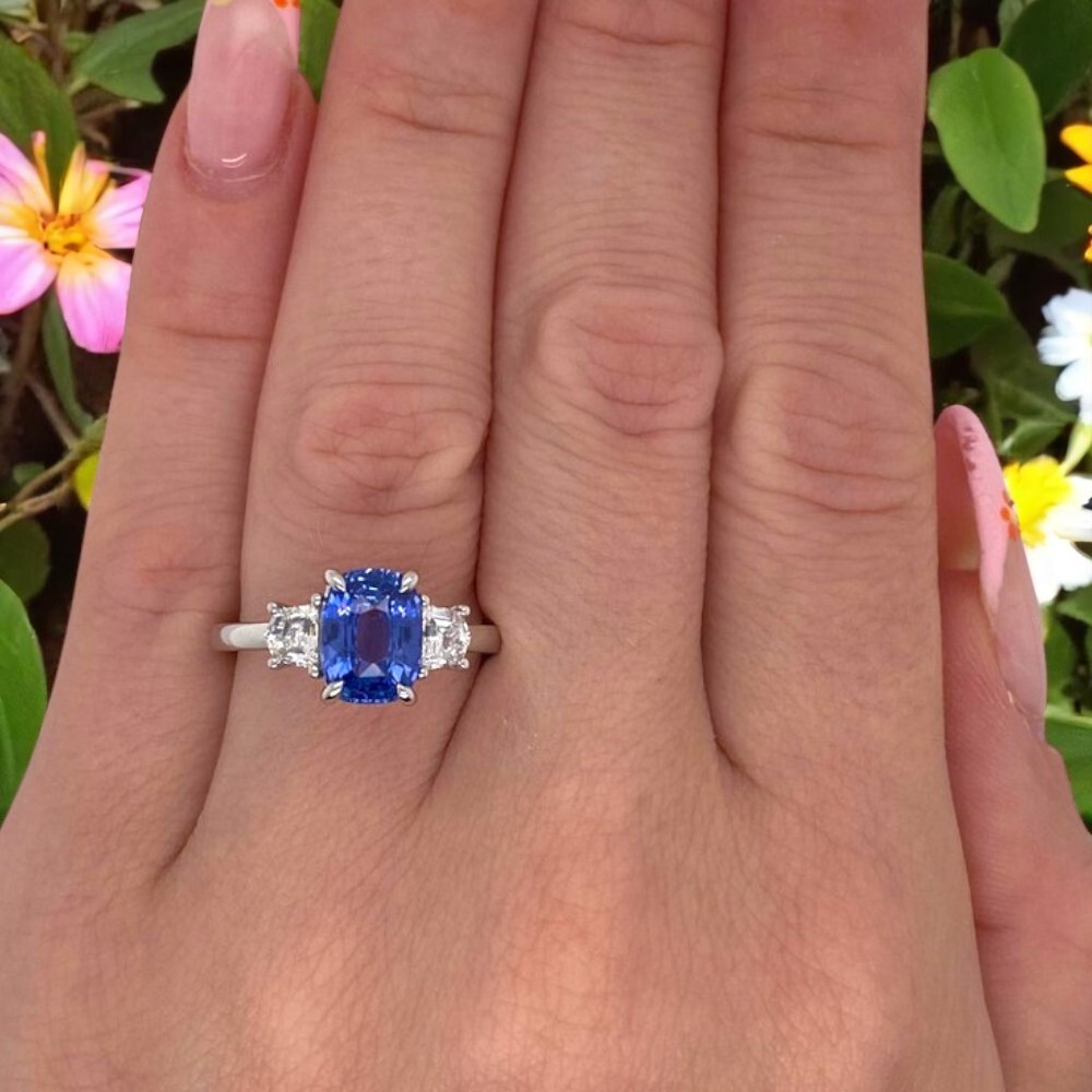 14k Gold Engagement Ring 3.10 Ct Lab Created Diamond Cushion Blue Sapphire White